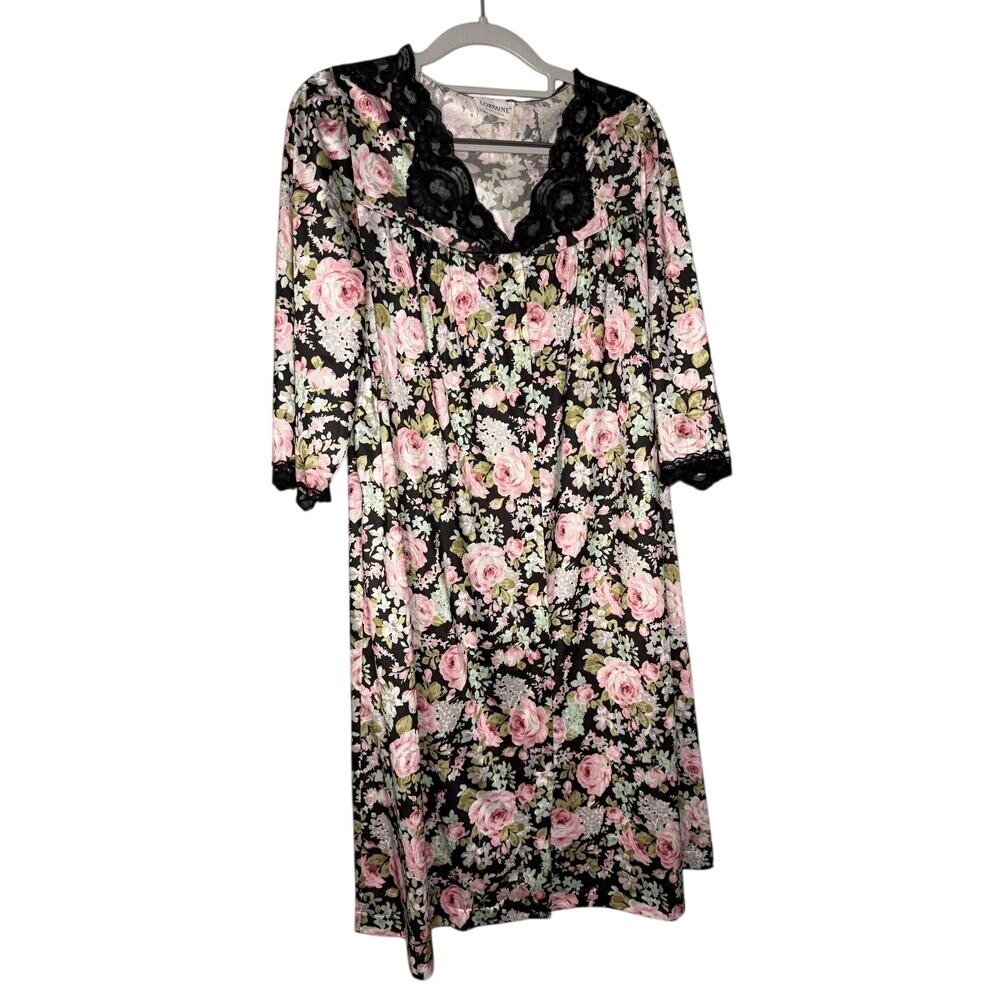 Vintage‎ Lorraine black lace floeal print nightgown